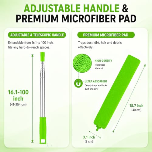 Image of Retractable Gap Dust Cleaner, 30-100 in Pole, 3 Microfiber Cloths, Green | Extends 30-100 inches to clean narrow gaps under refrigerators, sofas and appliances; includes 3 washable microfiber cloths.