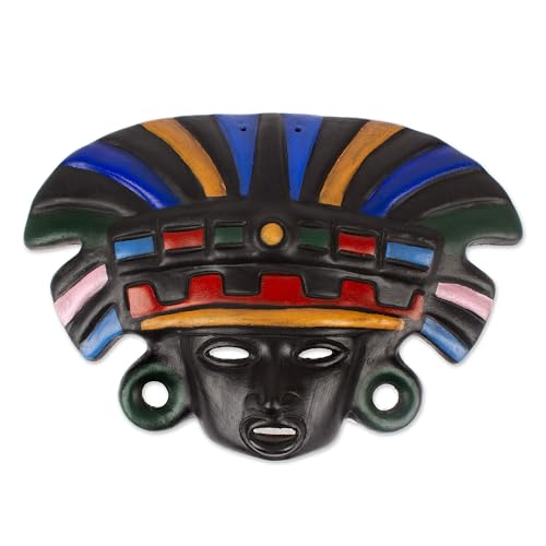 Novica Archaeological Wall Ceramic Mask, Black, 'Aztec Warrior'