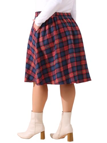 Agnes Orinda Plus Size Vintage Skirt for Women Plaid Elastic High Waist Button Front A-Line Skirt with Pockets4