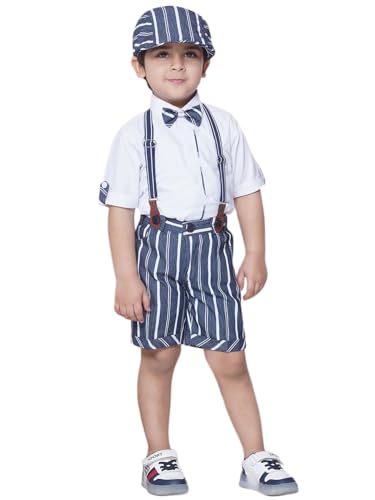 Image of AJ DEZINES Kids Cotton Blend Stripes Shirt Shorts With Cap and Suspender Set For Boys