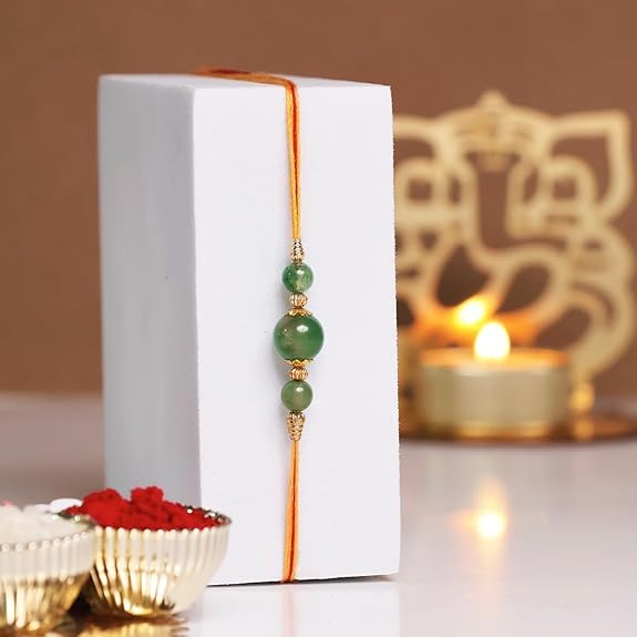 Image of Shubhanjali Crystal Beads Rakhi for Brother | Handmade Healing Crystal Stone Designer Rakhi for Bhaiya | Raksha Bandhan Gift Set with Roli Chawal, Kumkum, Greeting Card & Potli