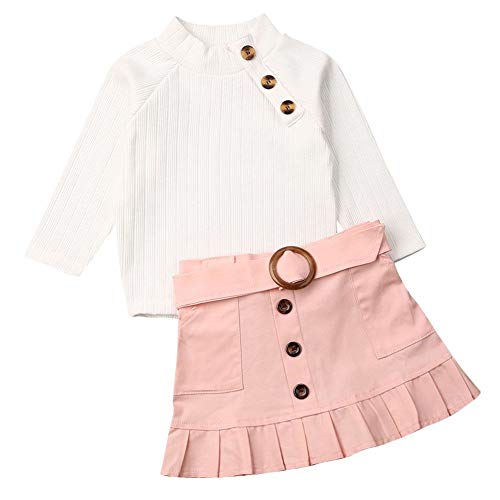 Kids Baby Girls Long Sleeve Knit Cotton Top and Buttons A-line Skirt Set with Belt 1-2T
