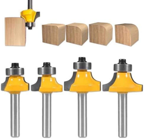 4PCS Roundover Router Bit Set, Round Over Router Bits 1/4 Shank, Radius in 1/8", 1/4", 3/16", 5/16", Carbide Corner Rounding Edge-Forming for Round Edges/Cabinet Edges