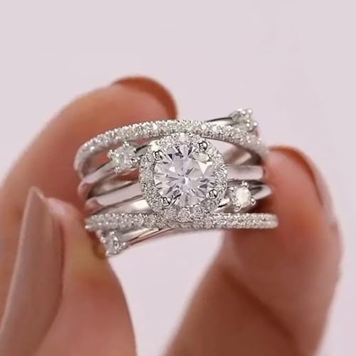 White Golden Plated Copper with Trendy Multilayer Cubic Zirconia Engagement Rings Wedding Bridal Band Promise Rings Evening Parties Anniversary Valentine's Day Gifts Eternity Bands for Women3