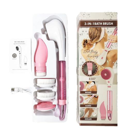 多機能電動バスブラシ自動マッサージ泥シャワーブラシロングハンドルバック洗浄人工防水(ピンク)