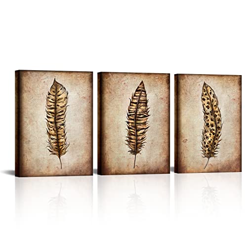 KLVOS Cuadro de plumas rústicas, arte abstracto de plumas con estampado de leopardo, 3 piezas, moderno, contemporáneo, enmarcado para baño, dormitorio, oficina, hogar, decoración de pared, 30,5 x 40,6