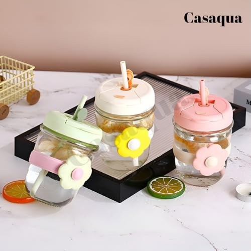 Image of Glass Tumbler with Lid & Straw - 300ml, Set of 1, Cute Daisy Glass Cup with Silicone Sleeve, Leakproof Reusable Drinking Glass for Iced Coffee, Juice, Milk, Smoothies & Tea, Travel Sipper Cup