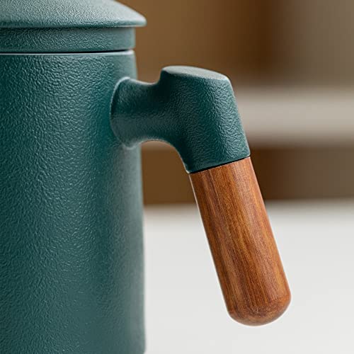 Heer Ceramic Infusion Tea Mug With Infuser And Lid For Steeping Loose Leaf Tea, Chinese Modern Wooden Handle Diffuser Coffe Tea Cup For Home Office. 13.5Oz (400Ml) (Green) #TOP6