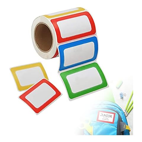 Name Tag Labels - 200 Colourful Name Label Stickers 89x57mm 4 Colours Waterproof Adhesive Name Tags, Sticky Labels for Clothes, Office and School Cover