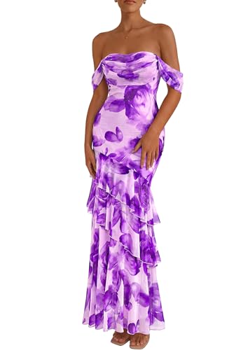 PRETTYGARDEN Women's Formal Cocktail Maxi Dresses 2026 Summer Off Shoulder Floral Mesh Bodycon Spring Wedding Guest Dress (Floral Purple,Medium)