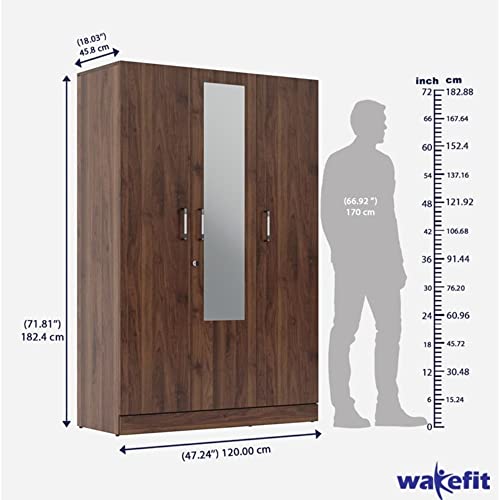 Image of Wakefit Wardrobe | 1 Year Warranty | Engineered Wood Almirah, Cupboard for Clothes Storage | 3 Door, Mirror, 1 Drawer, 1 Hanging Space | Gingham - Columbian Walnut