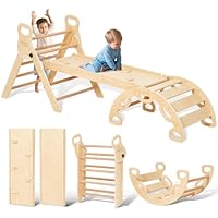 Giant bean Indoor Climbing Frame for Toddlers, Wooden Foldable 5 in 1 Baby Montessori Climbing Toys Set with Handle, Pikler Triangle Set with Sliding Ramp and Arch, Jungle Gym for Kids 1-3