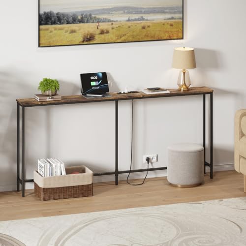 Lifewit 70.9" Wąski, długi stolik konsolowy z 2 gniazdami zasilania i portami USB do salonu, przemysłowy stolik do przedpokoju, korytarz biurowy za sofą, łatwy montaż, rustykalny brąz