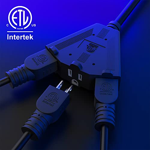 Outdoor Extension Cord 4 Feet With 3 Outlets, 3 Prong Plug, 14/3 Sjtw Heavy Duty 14 Gauge Power Strip, Multiple Outlets Splitter, 14Awg, 15A, 125V, Etl Listed, For Indoor/Outdoor, Black #TOP1