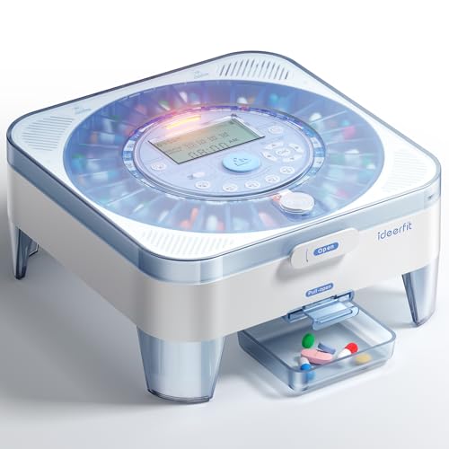 28-Day(1X) Automatic Pill Dispenser for Elderly(No App) Moisture-Resistant with Dual Desiccant Slots One-Button Dispense with Slide Door Cup Drop Sound/Light Reminder Large Compartments