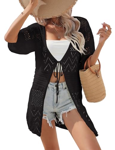 Image of Short Sleeve Crochet Cardigan Tie Front Lightweight Oversized Cardigans Boho Knitted Boho Beach Cover Ups