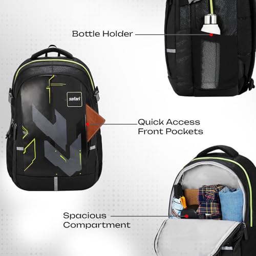 Image of Safari Terra 2 37L Casual Printed Backpack, school bag for boys and girls, college bag, office bag, travel bag for men and women, 3 compartments, Raincover, Bottle holder, Front pocket, Color- Black