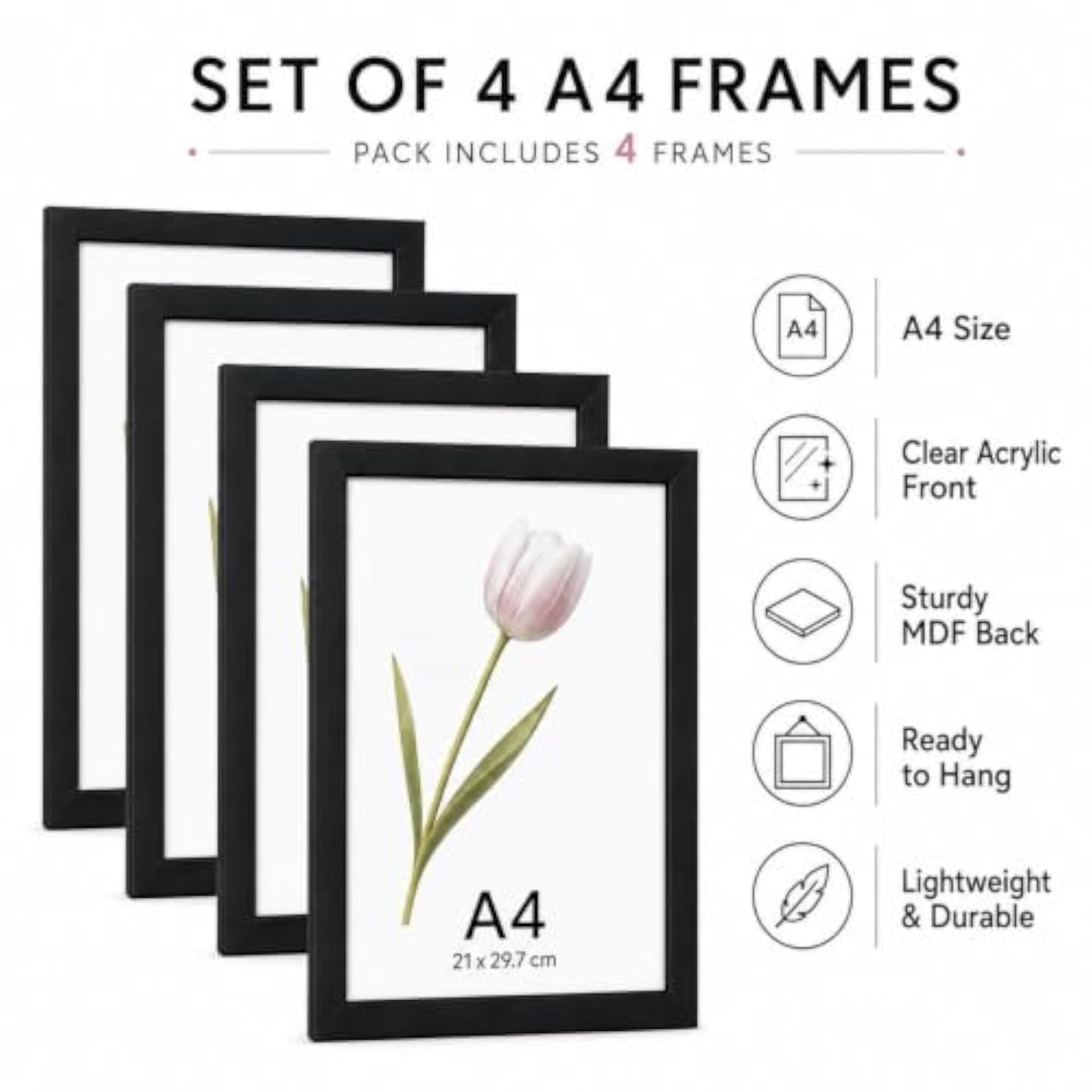 A4 Photo Frames Set of 4, Black Wall Frames with Acrylic Front