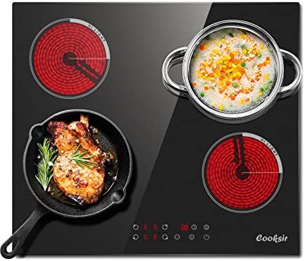 Electric Cooktop 24 Inch, Cooksir Drop-in Electric Stove Top With 4 Burners 220-240V, Sensor Touch Control, Vitro Ceramic Glass, Timer, Kids Lock, 9 Heating Level, Hard Wired, No Plug