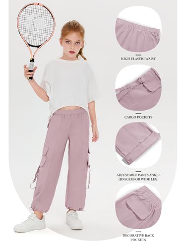 Image of Haloumoning Girls Parachute Pants Kids Wide Leg Cargo Pants Y2K Street Trousers with Pockets 5-14 Years