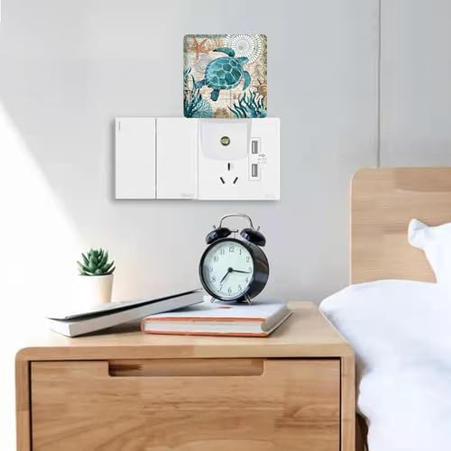 Image of Vintage Ocean Turtle Plug-in LED Night Light,Starfish World Map Auto Dusk to Dawn Sensor Nightlights Plug into Wall,White Energy Efficient Night light for Bedroom,Bathroom,Kitchen,Stairs,Hallway