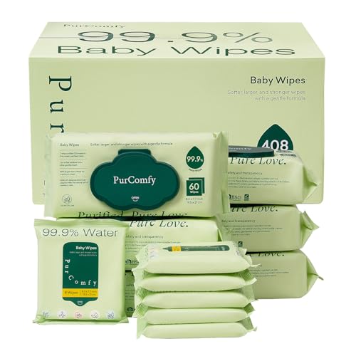 PurComfy Baby Wipes Unscented, 6 Flip-Top Packs + 6 Travel Pack Baby Wipes with Plant Based, Hypoallergenic for Sensitive Newborn Skin, Total 408 Coun