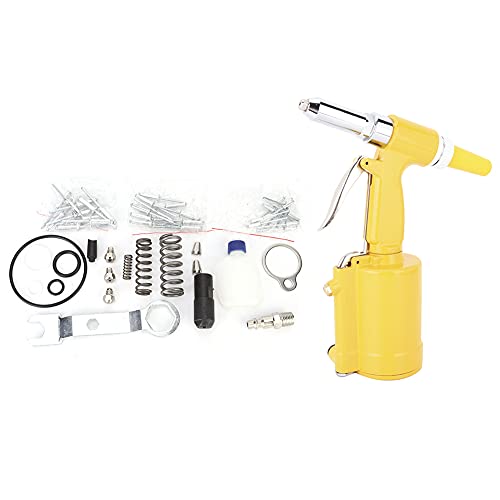 Pneumatic Rivet Gun Professional Heavy Duty Air Riveter Tool with 4 Sizes Nozzles for Automobile Ship Mechanical Equipment Aviation Manufacturing Yellow Aluminum