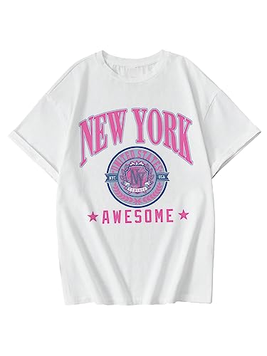 COZYEASE Girls' Letter Graphic Print Crewneck Short Sleeve Tops Cute Casual Summer Tees White and Pink 14Y-CEHGJ20240221