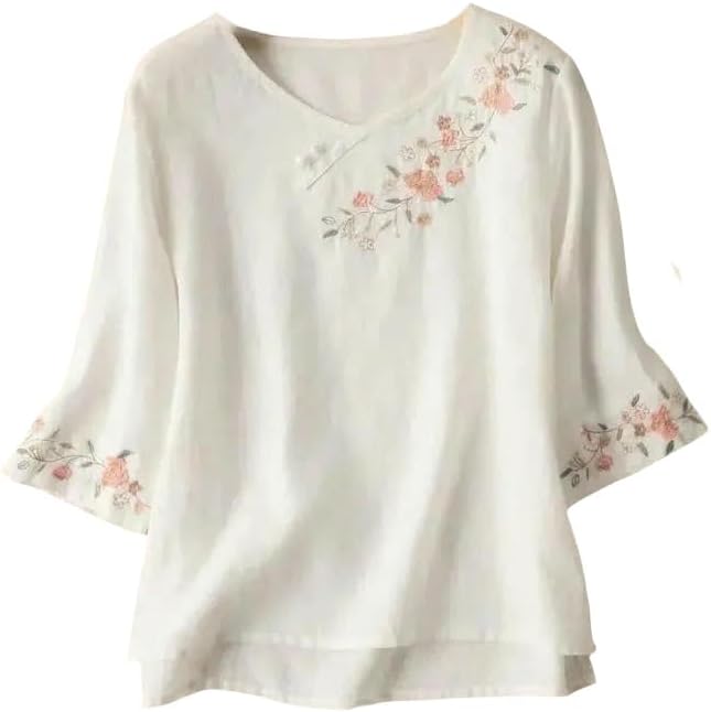 Women's Summer Retro Literary Thin Casual Loose Fit 3/4 Sleeve Linen Top