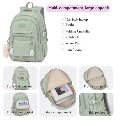 Image of PRLINJSK Girls Backpack for College High Middle School Student, Cute Aesthetic Bookbag for Teens Women with Accessories,Green
