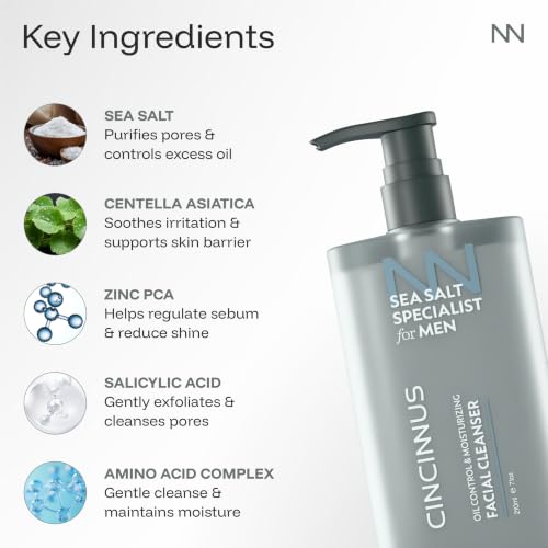 Image of Cincinnus Oil Control & Moisturizing Facial Cleanser for Men | Deep Cleansing Face Wash with Sea Salt, Centella & Salicylic Acid | Controls Excess Oil | for Oily & Acne-Prone Skin | 210ml
