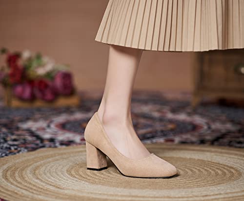 YooPrettyz Women Vintage Office Comfort Suede Leather Block High Heels Daily Square Toe Pumps Shoes for Work4
