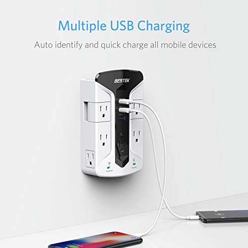 BESTEK 7-Outlet Wall Tap Surge Protector Power Strip with Swivel Outlets, 3 USB Charging Ports, 900 Joule Surge Suppression, Top Phone Holder - Thumbnail 2