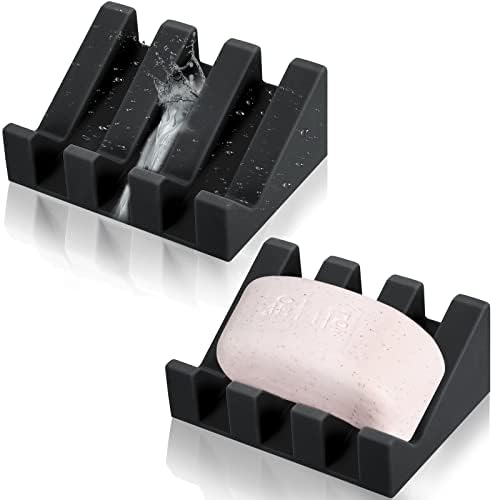 Silicone Soap Dish Self Draining Soap Dish Shower Waterfall Bar Soap Holder Tray with Drain Soap Saver for Kitchen Bathroom Accessories (Black, 2)