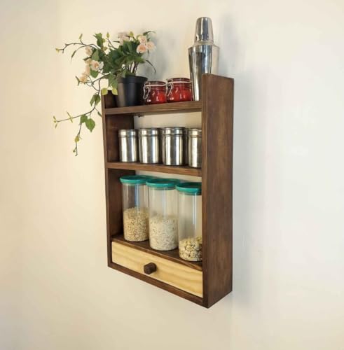 Image of IThree Rustic Wall Mounted Shelf Unit with 3 Tiers, Wooden Storage Rack with Drawer, Dark Brown (Style 2)