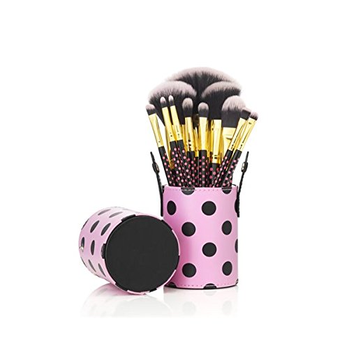 G2PLUS Hot 11 PCS Travel Cosmetics Makeup Brushes Set Kits with Lovely Pink Dot Pattern Brush Holder