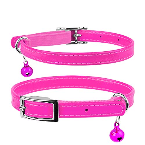 Breakaway Leather Cat Collar with Bell & Elastic Strap - Leather Kitten Collar - Pet Collar Leather - Leather Collar for Cats Blue Red Pink Orange Yellow Purple Black (Neck Fit 6 3 4 -7 7 8 , Pink)