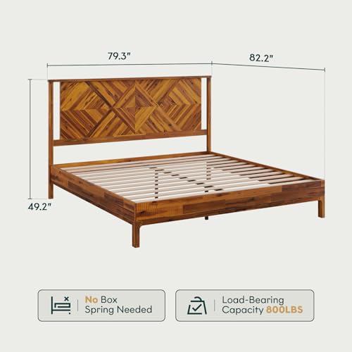 Image of Bme Ethan King Size Bed Frame with Diamond Headboard, Rustic Mid Modern, Solid Acacia Wood, No Box Spring Needed, Slat Support, Rustic Caramel