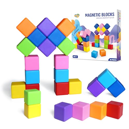 Pleykele Large Magnetic Building Blocks in 8 Colors, 1.65 Inch Magnet Cubes for Sensory Education, STEM Learning Stacking Toys for Toddlers, 1 2 3 Years Old Boys & Girls Birthday Gifts (16PCS)