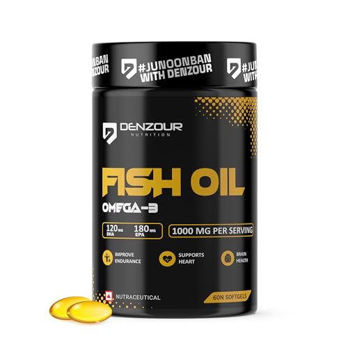 Image of DENZOUR NUTRITION Omega-3 Fish Oil 1000mg - 60 Softgel Capsules For Men & Women | Improve Endurance - 180 mg EPA & 120 mg DHA For Muscle & Joint Support, Healthy Heart & Brain Health| No Fishy Burps