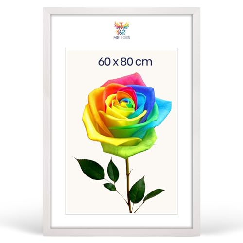 MG Design Bilderrahmen 60 x 80 cm Posterrahmen mit Weiß Holzrahmen (Echtholz) und bruchsicherem Acrylglas Hoch & Quer mit verstärkter Wandaufhängung