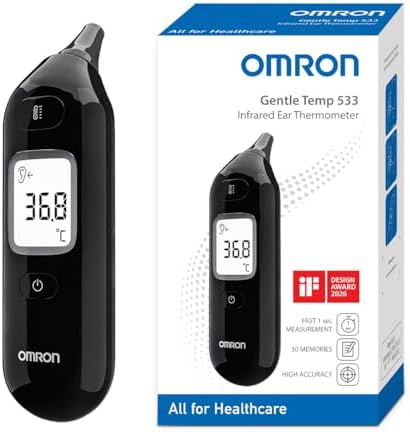 OMRON Gentle Temp 533 Fieberthermometer Ohr für Kinder, Babys & Erwachsene | Infrarot Digitalthermometer für schnelle, genaue Messungen ohne Berührung, Sonde ohne Schutzhülle, schw