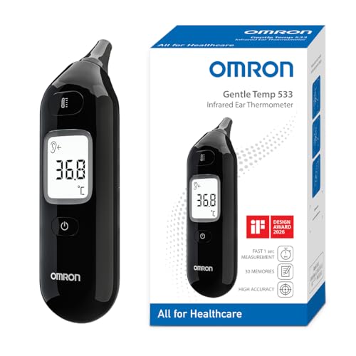 OMRON Gentle Temp 533 Infrarot Fieberthermometer Ohr für Kinder, Babys und Erwachsene, kontaktloses Digitalthermometer für schnelle, genaue Messungen ohne Berührung, Sonde ohne Schutzhülle, schwarz