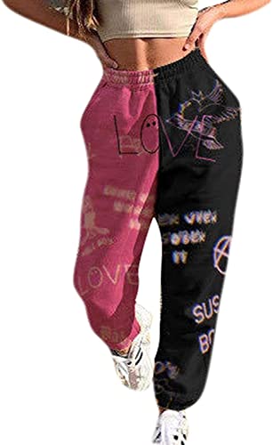 oytto Women Drawstring Pants Loose Beam Feet Joggers Trousers Star Moon Skull Print Stitching Color Blocks Ladies Sports Gym (Love,M,M)