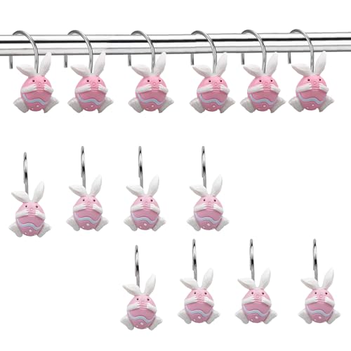 YRMLYMOP 12 PCS Rabbit Shower Curtain Hooks Pink Shower Curtain Hooks Rustproof Bathroom Decorative Shower Hooks Bathroom Room Pendants Decor Accessories Rabbit Bathroom Decor