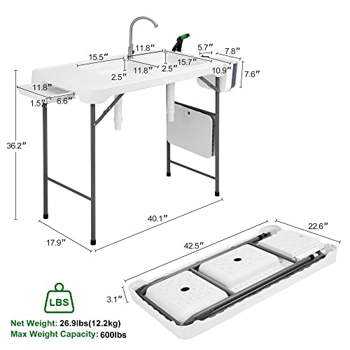 Allpop 42.5’’ Folding Fish Cleaning Table With Double Sinks, Portable Camping Fish Fillet Station With Faucet, Spray Nozzle, Drain Hose, Storage Box, Built-In Drawer& Knife Groove For Picnic, White #TOP2