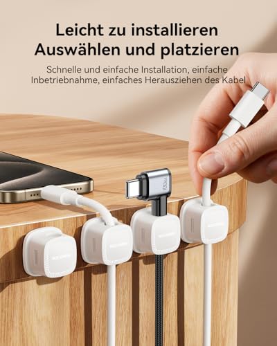 Rocoren Kabelhalter Selbstklebend kabelhalter Starker Magnetisch Kabelmanagement Kabelclips Organizer Holder für Schreibtisch, Nachttisch, Office, Büro, Ladekabel, HDMI, Audiokabel 6 Stück Weiß