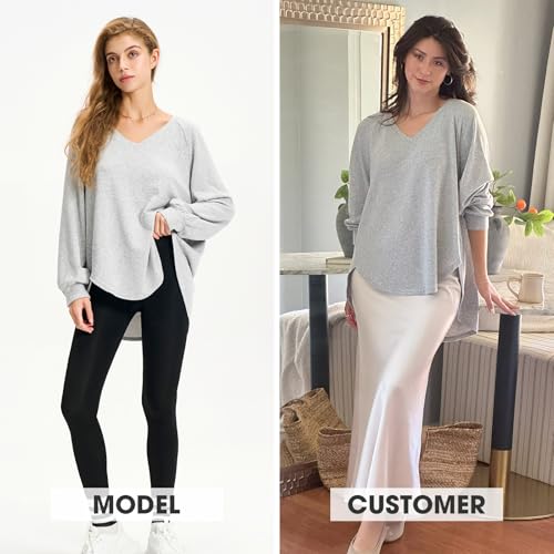 Image of EXLURA Womens Fall Oversized V Neck Tunic Tops 2025 Casual Long Sleeve Shirts Lightweight Soft Sweater Curved Hem T Shirts