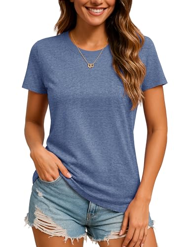 TACVASEN Cotton T-Shirts for Women Crew Neck Short Sleeves Tops Soft Lightweight Casual Summer Basic Tee Gray Blue