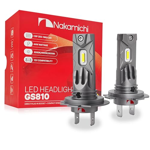 Nakamichi GS810 Serie H7 Bombillas LED de Repuesto para Faros y Luces Antiniebla, 12.000 Lúmenes 44W por Juego, Luz Blanca Fría, Plug and Play, Haz 1:1, Pack de 2, 4300K, H7